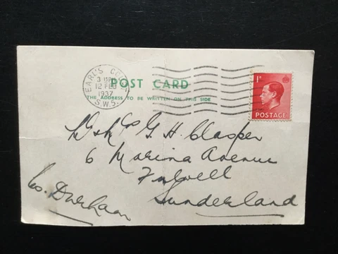 GB 1937 EVIII 1d Rate postcard From Earls Court to Sunderland (AA345) Cover