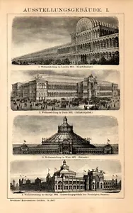 1897 Antica Stampa = EDIFICI PER ESPOSIZIONI Londra Vienna Parigi= Architettura# - Picture 1 of 1