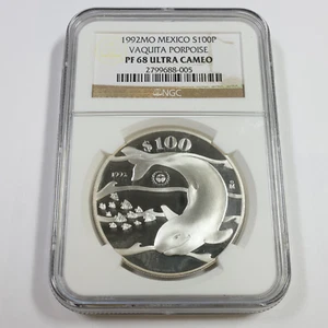 1992 Mo NGC PF68 UCAM - Mexico - 1 oz Silver Vaquita Porpoise 100 Peso #54260A - Picture 1 of 3