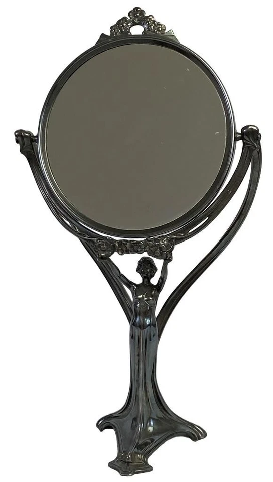 Espelho de penteadeira de banheiro figura de estanho prata WMF Art Nouveau assinado - Imagem 1 de 4