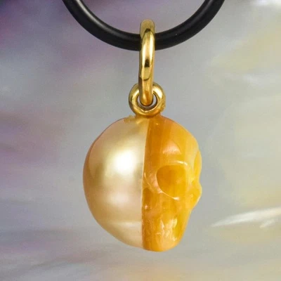 Geschnitzter Perlmutt Skull IN Süd See Perle Anhänger Vermeil Sterling 3.57g - Bild 1 von 4