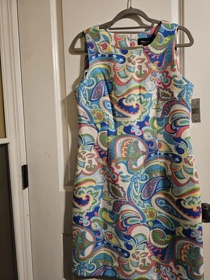 RN studio 蓝色和黄色紧身迷你连衣裙无袖圆领 10 码 — 第 1/4 张图片