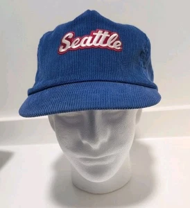 Vintage Seattle Blue Corduroy 90s Trucker Snapback Hat Cap Made in ROC - Picture 1 of 8