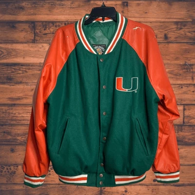 Miami Hurricanes 90’s Green and Orange Varsity Wool/ Vegan Leather Jacket Medium - Image 1 of 4