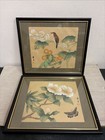 Pair Of vintage chinese silk paintings Flowers Bird Butterfly 29 X 25cm Framed