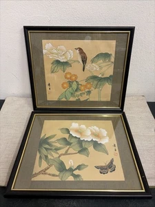 Pair Of vintage chinese silk paintings Flowers Bird Butterfly 29 X 25cm Framed - Picture 1 of 11