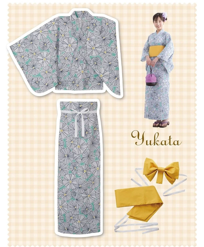 Two-part yukata Kimono Perfectly Tied Tsukuri-Obi CUT PATTERN Made in Japan - Image 1 of 4