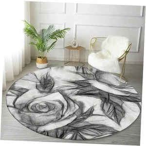 Runder Teppich 4 Fuß Kreis Vorleger Rose Blume Schwarz Weiß Malerei Kunst Produkt - Bild 1 von 7