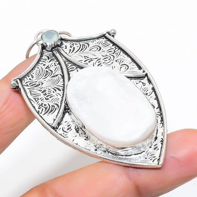 Selenite, Calcedonio Gemma Artigianale 925 Argento Sterling Ciondolo Gioielli - Immagine 1 di 4