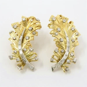NYJEWEL Large 18k Gold & Platinum 2ct Diamond Leaf Omega Back Earrings - Picture 1 of 3
