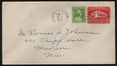 US 1932 #U525 2c & 1c Mount Vernon Stamped Envelope Cover Used - Image 1 of 2
