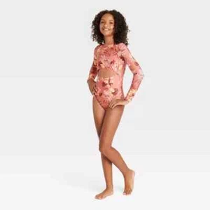 Art Class Girls' Island Floral One Piece Rash Guard Brown Size XS(4/5) - Picture 1 of 6