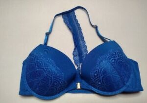 Women's Push-up Bra 36C Blue Underwire Padded Lace T-back Front Closure Y