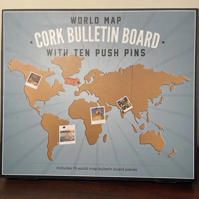 World Map Cork Bulletin Board Notes Reminders Photos With Push Pins - Image 1 of 2