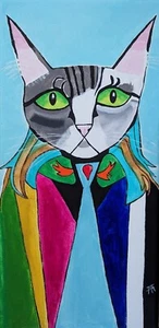 Cat Painting Abstract Collectible Business Tabby Modern Folk Art Samantha McLean - Picture 1 of 1