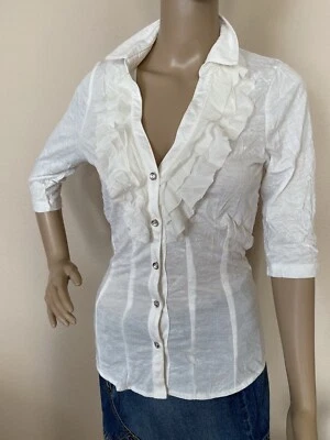 New Beautiful Off White Surrealist Ruffled Shirt. Size S - Image 1 of 4