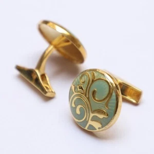 925 Sterling Silver Green Enamel Floral Gold Plated Round Shape Wedding Cufflink - Picture 1 of 4