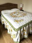 Daisy Butterfly Bedspread Queen Quilt Ruffled Gathered Skirt Green Yellow White