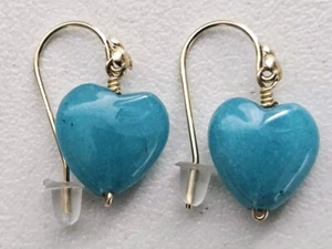 14K Gold Blue Dyed Jade Heart 3 Ball Hook Dangle Earrings RL - Picture 1 of 13