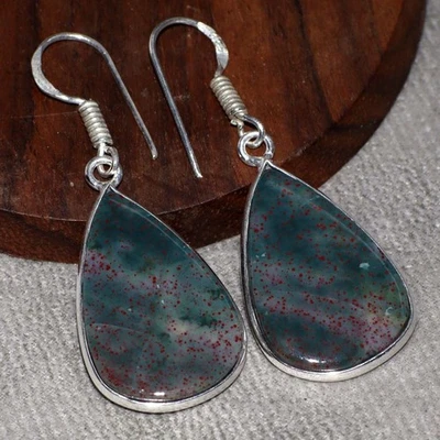 Bloodstone 925 镀银手工耳环 1.8 英寸女式珠宝首饰 JW — 第 1/3 张图片