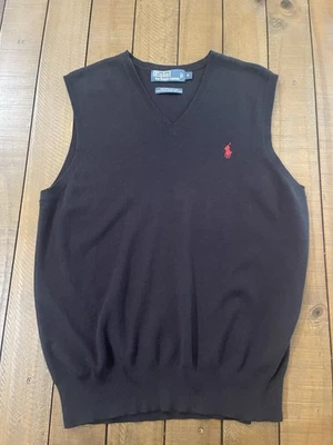 Polo Ralph Lauren Colete Suéter Pequeno Preto Decote V Algodão Pima Vermelho Pônei Malha - Imagem 1 de 4