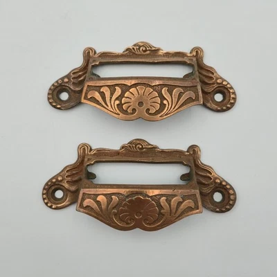 Pair Antique Copper Plated Card Label Holders Ornate Drawer File Pulls 4-5/8" - Image 1 of 2