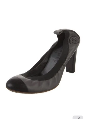 CHANEL серый кожаный черный отделки логотип детали каблуки туфли Евро размер 37   - Изображение 1 из 4