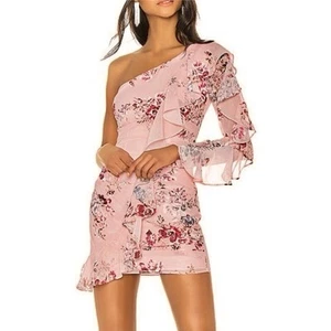 Michael Costello Revolve Pink Floral Ruffled One-Shoulder Mini Dress Medium - Picture 1 of 6