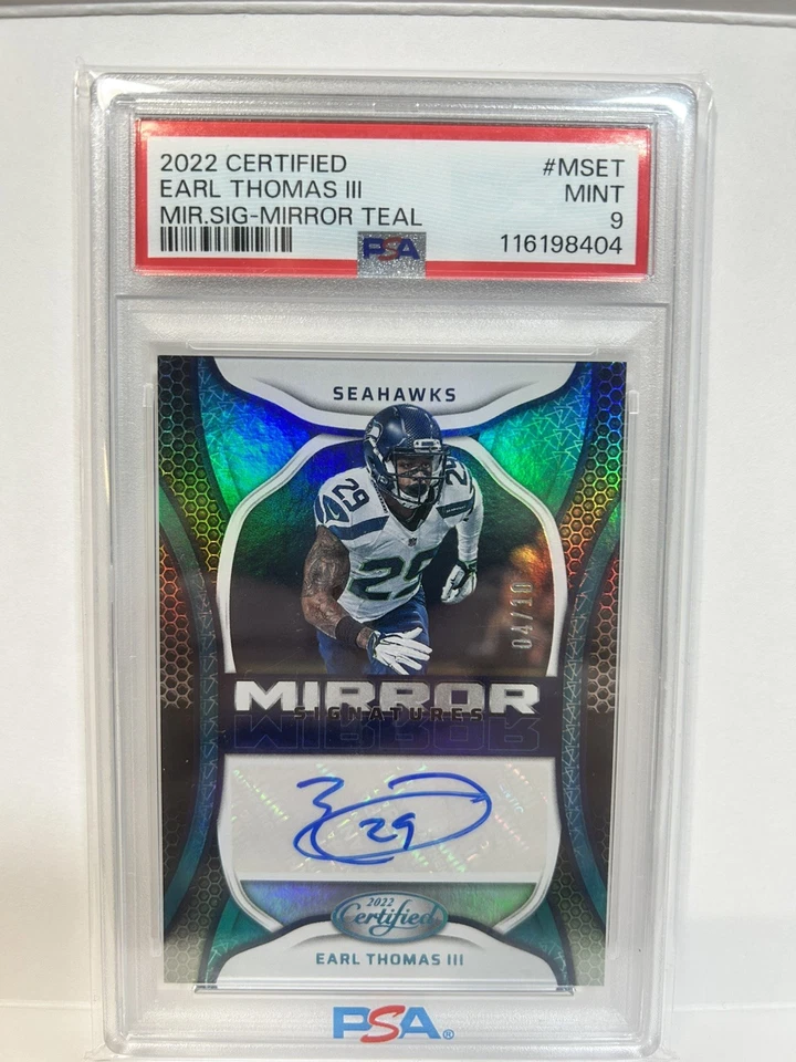 Espejo Signatures 2022 certificado Panini Earl Thomas III #MS-ET verde azulado/10 PSA 9 Foto 1 de 2