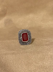 Ruby Size 7 1/2 Ring Silver Artisan Bezel Set Marcasite Cocktail Lab Created - Picture 1 of 2