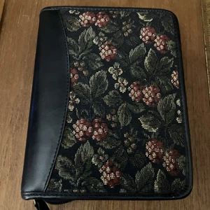 Franklin Quest Covey kompakter Blumen Wandteppich schwarz Leder Reißverschluss Mappe goldene Ringe - Bild 1 von 8