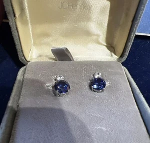 Vintage 925 Clear & Purple Rhinestone Post Earrings -Velvet Box Has Wear - Picture 1 of 19