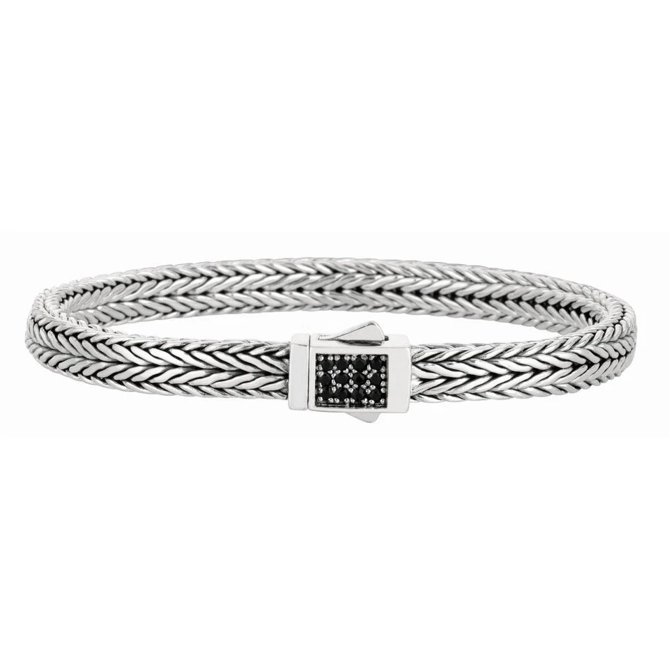 Brazalete de plata de ley de 7 mm estrecho patrón de trigo zafiro negro de 7,5" Foto 1 de 1