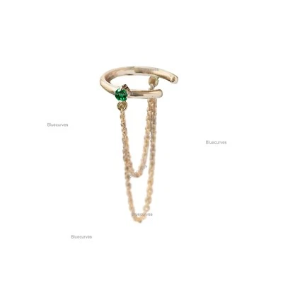 Real Emerald Double Chain Ear Cuff Earring 14k Gold No Piercing Needed Jewelry - Image 1 of 4