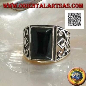 Anillo de Plata 925‰ Con Ónix Rectangular Cabujón Y Decoración Perforado - Imagen 1 de 7
