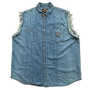 Harley Davidson Denim Trucker Vest Mens Size 2XL Metal Snap Buttons Blue Vintage - Picture 1 of 4