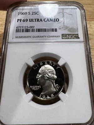1969 25c Washington Proof Quarter, NGC PF 69 Ultra Cameo, 7123-007, Free Ship - Image 1 of 2