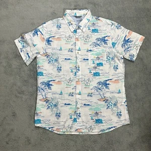 IZOD Saltwater Mens XL Blue Tropical Print Hawaiian Button Down Cotton Shirt - Picture 1 of 12