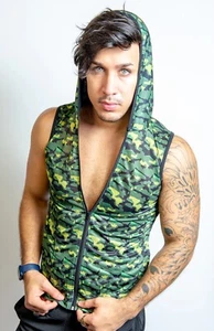 TULIO Men's 'Camo Full Zip Front Sleeveless Muscle Hoodie' Light Mesh M Grn NWT! - Picture 1 of 12
