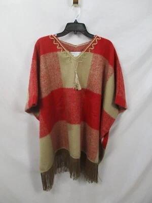 Adam Lippes Poncho Womens Small Medium Red Brown Plaid V Neck Pullover Fringe - Image 1 of 4