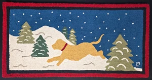 48" x 24" Snow Yellow Dog hooked wool rug Chandler 4 Corners Laura Megroz winter - Picture 1 of 6