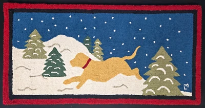 48" x 24" Snow Yellow Dog hooked wool rug Chandler 4 Corners Laura Megroz winter - Image 1 of 4