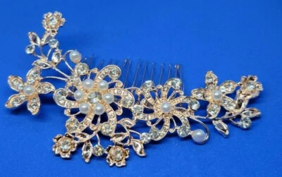 Peine pinza para el pelo de imitación de perlas oro rosa flor fiesta boda graduación novia  Foto 1 de 4