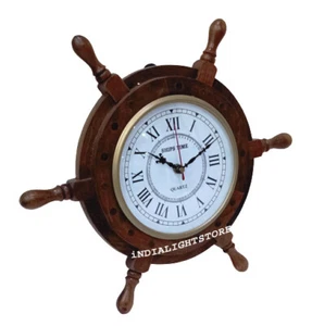 12" Wooden Bond Street Round Ship Wheel Home Office Wall Clock Decorative - Picture 1 of 7