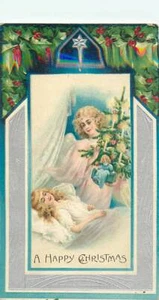 A HAPPY CHRISTMAS - ANGEL VISITS DREAMING GIRL - BEAUTIFUL EMBOSSED POSTCARD - Picture 1 of 2