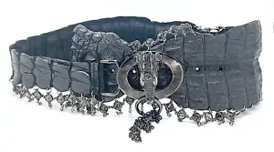 Clara Kasavina Handmade Gray Fringe Crystal Accents Crocodile Leather Wide Belt - Picture 1 of 9