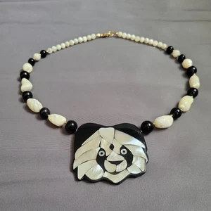 Panda Bear Lee Sands Mother of Pearl Black Onyx Inlay Necklace 20" black & white - Picture 1 of 17
