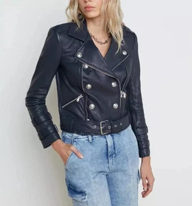 Motorrad Damen Handarbeit Jacke Biker stylisch echtes weiches blaues Lammleder - Bild 1 von 7