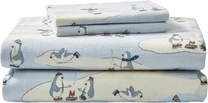 NEW Eddie Bauer Skating Pengins 100% Brushed Cotton Flannel Sheet Set Queen Size - Picture 1 of 5