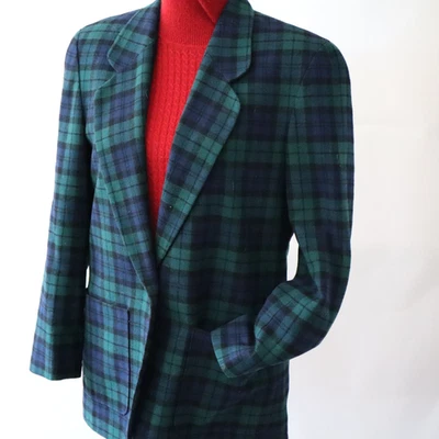 Vtg Pendleton 100% Wool Jacket Blazer Navy Blue, Green Tartan Plaid Sz 8 USA! - Image 1 of 4